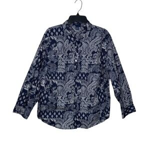 Chaps Navy Blue White Paisley Patchwork Cotton Button Down Blouse Plus Size 3X